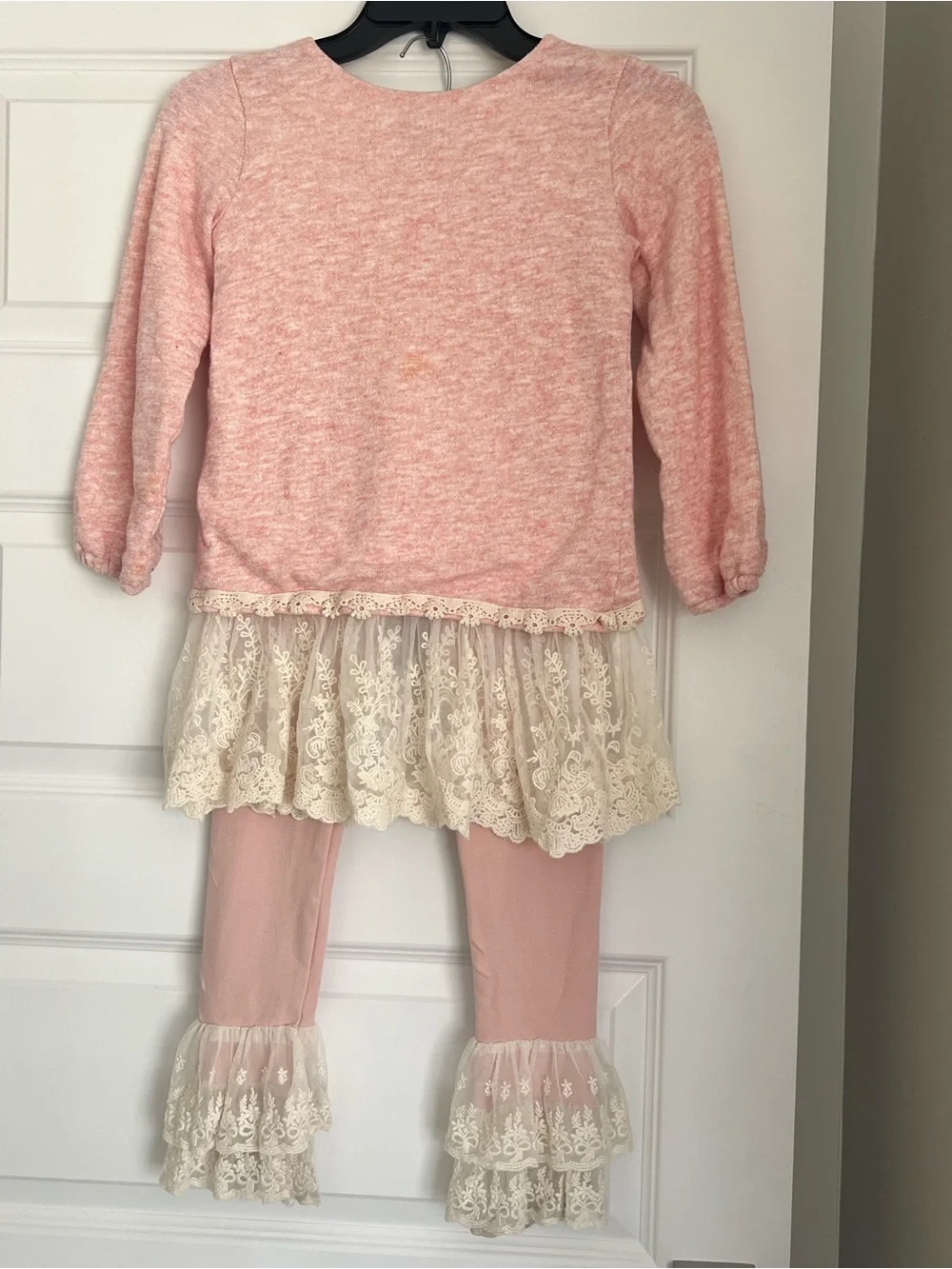 M.L. Kids Girls Pink Lace Tunic & Ruffle Leggings Set Size 8